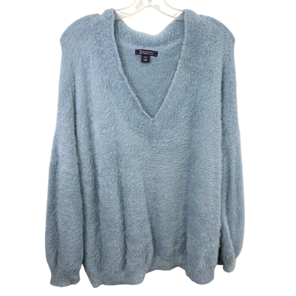 Roamans Plus Size 1X Sweater Fuzzy Gray Blue Eyelash Knit V-Neck Soft 1784